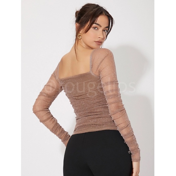 Lurex Sheer Mocha Brown Tan Long Sleeve Square Neck Ruched Tee Top Shirt - Picture 3 of 9